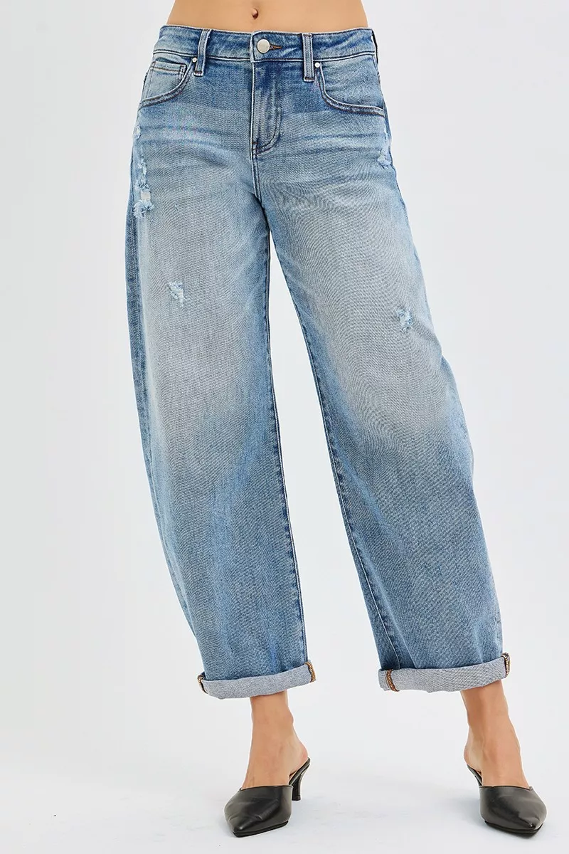 RISEN Full Size Slouchy Ankellånga Barrel Jeans med Manschetter Plus Size
