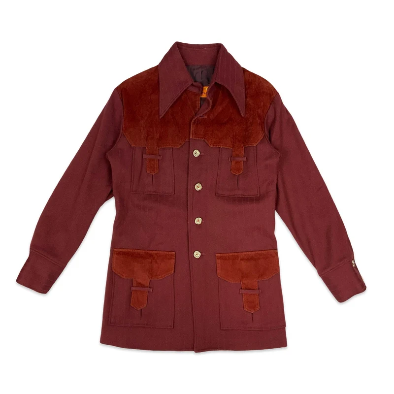 Vtg 70s Burgundy Dagger Collar Western Safari Wool Jacket Medium UK 12