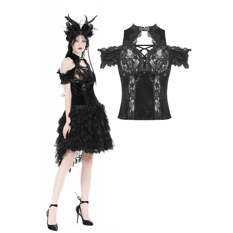 Gothic off Shoulder Spets Splits Velvet Top för kvinnor