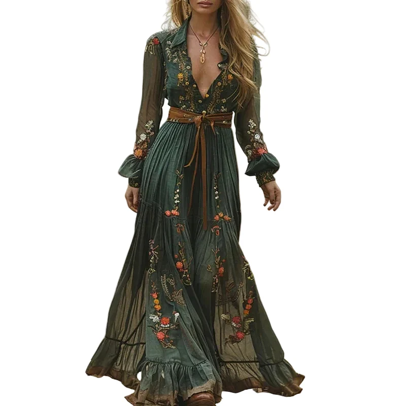 Dam Maxiklänning Bohemian Blommönster Med Skjortkrage