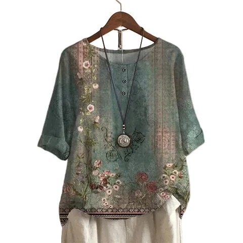 Kvinnors Retroinspirerad Blus Med Blommönster