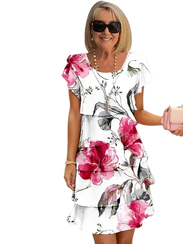 Kvinnors Plisserad Klänning med Blommönster Volang