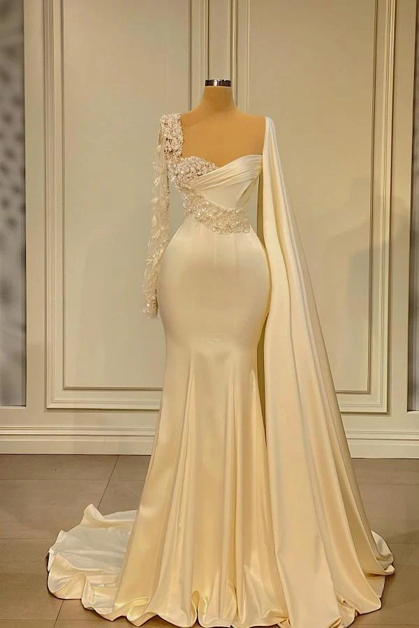 Elegant lång sjöjungfruklänning med 3D-blommig rynka i satin, perfekt balklänning