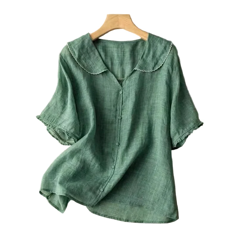 Dam Blus Vintage med Knappdetalj och Bågad Krage