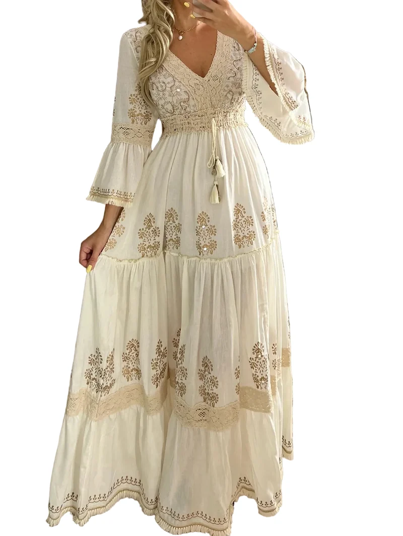 Kvinnors Lång Klänning Boho Stil Med Blommönster V-Ringning