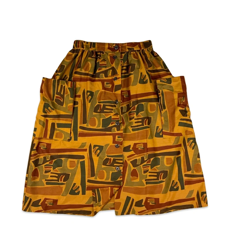 Vintage Orange & Brown Abstract Print Button-up Skirt 10