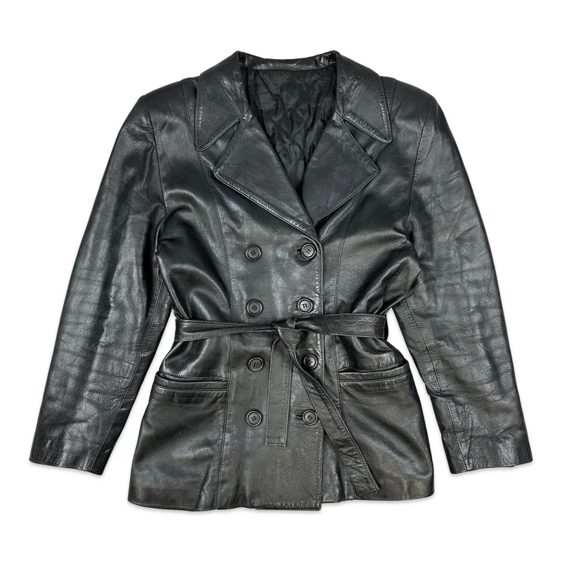 Vintage Womens Black Belted Double Breasted Leather Jacket Coat 10