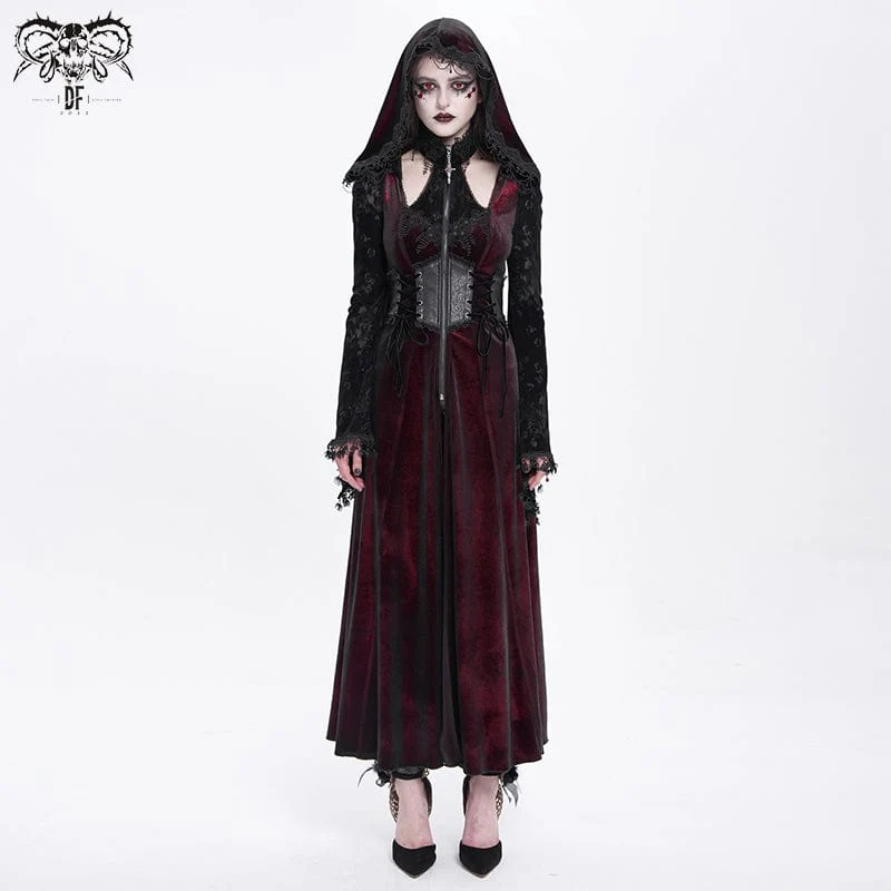 Gothic Cutout Flockande sammetsjacka för kvinnor med röd huva