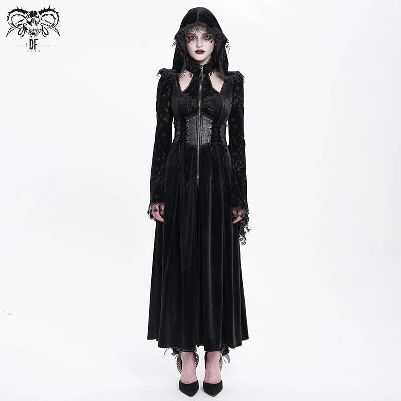 Gothic Cutout Flocking Sammetsrock för kvinnor med huva Svart