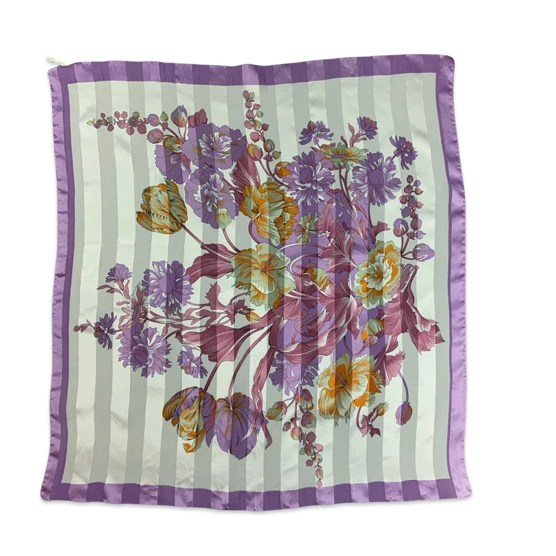 Vintage 70s Lilac White Orange Pink Green Floral Print Scarf