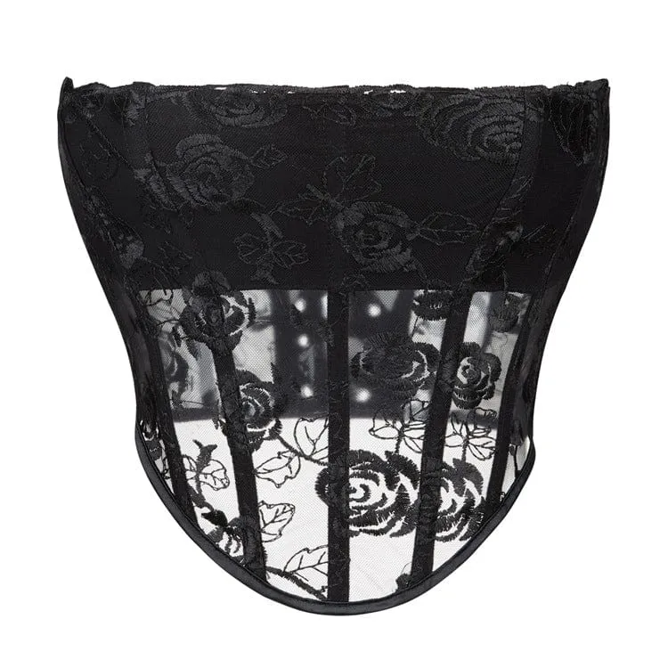 Gothic Floral Mesh Spets Overbust Korsetter för kvinnor