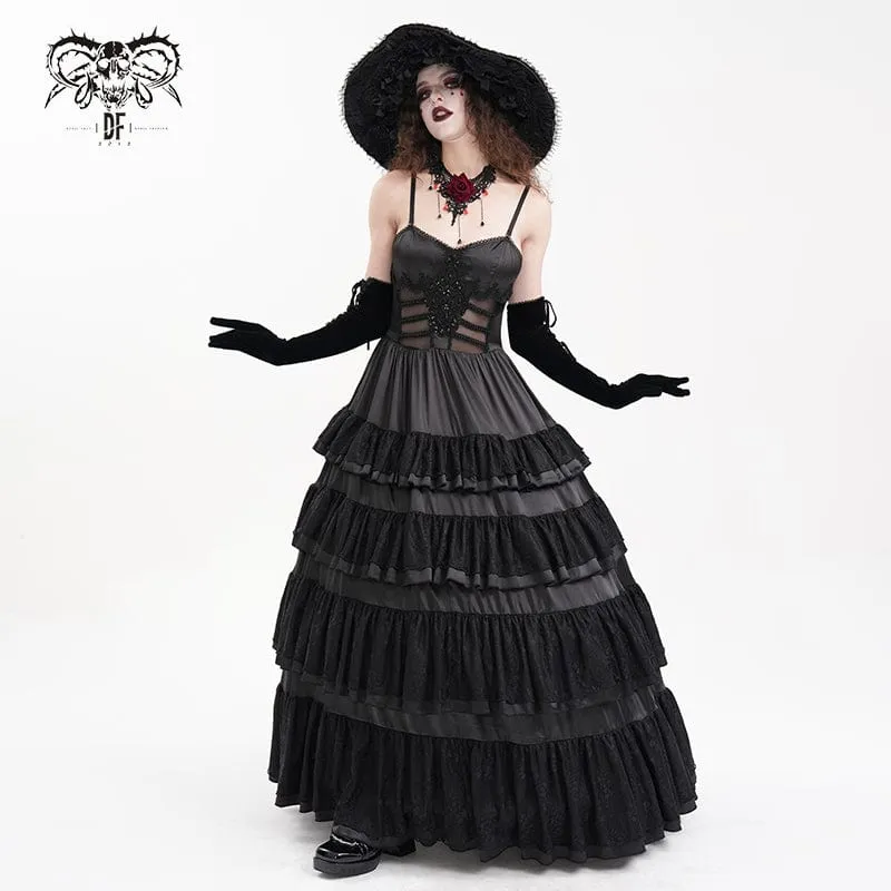 Gotisk snörningsklänning i mesh med spets för kvinnor, bröllopsklänning