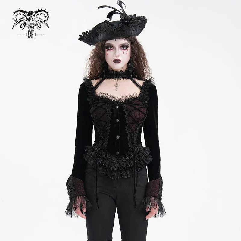 Gothic Rufsig Mesh Långärmade T-shirts med snörning för kvinnor