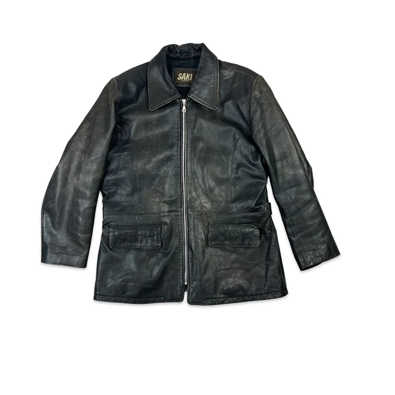 Vintage 90s Womens Distressed Leather Jacket Black 16