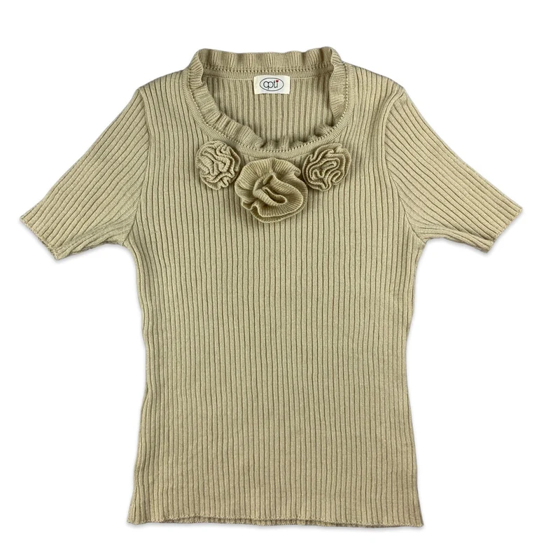 Vintage Y2K Beige Floral Adornment Short Sleeve Jumper 4 6 8