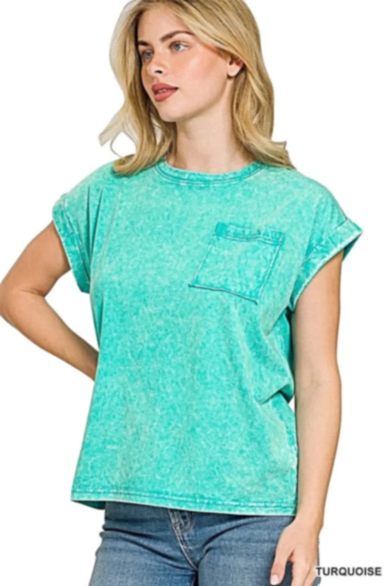 Turkos krinklad tvättad kortärmad t-shirt med fickor för kvinnor - Plus Size Avslappnad passform, bomullsblandning