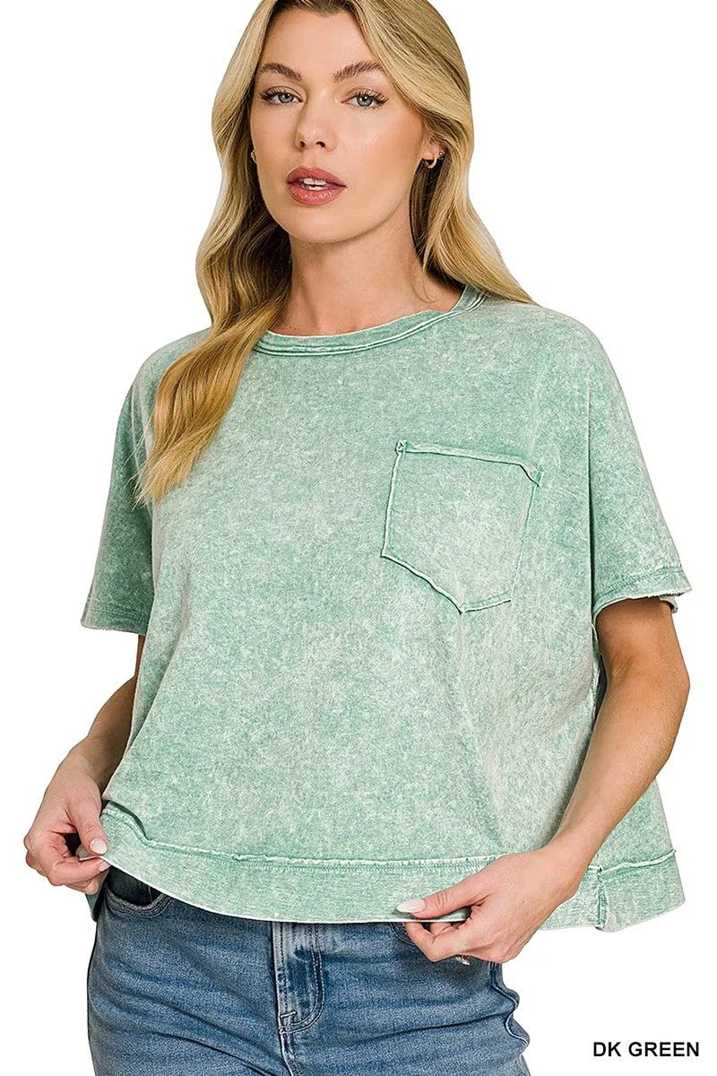 Zenana Halo tvättad överdimensionerad casual topp med ficka, mjuk 100 % bomull, enkel stil