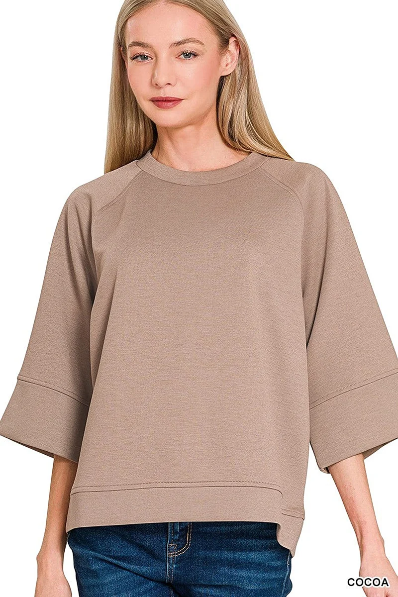 Elegant kakaofärgad pullover med klockärm och mjuk stretchig bomullsblandning