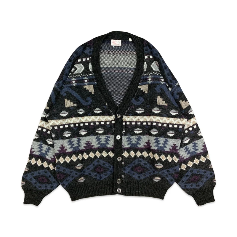 Vintage 80s Black Blue & Purple Aztec Print Cardigan L XL
