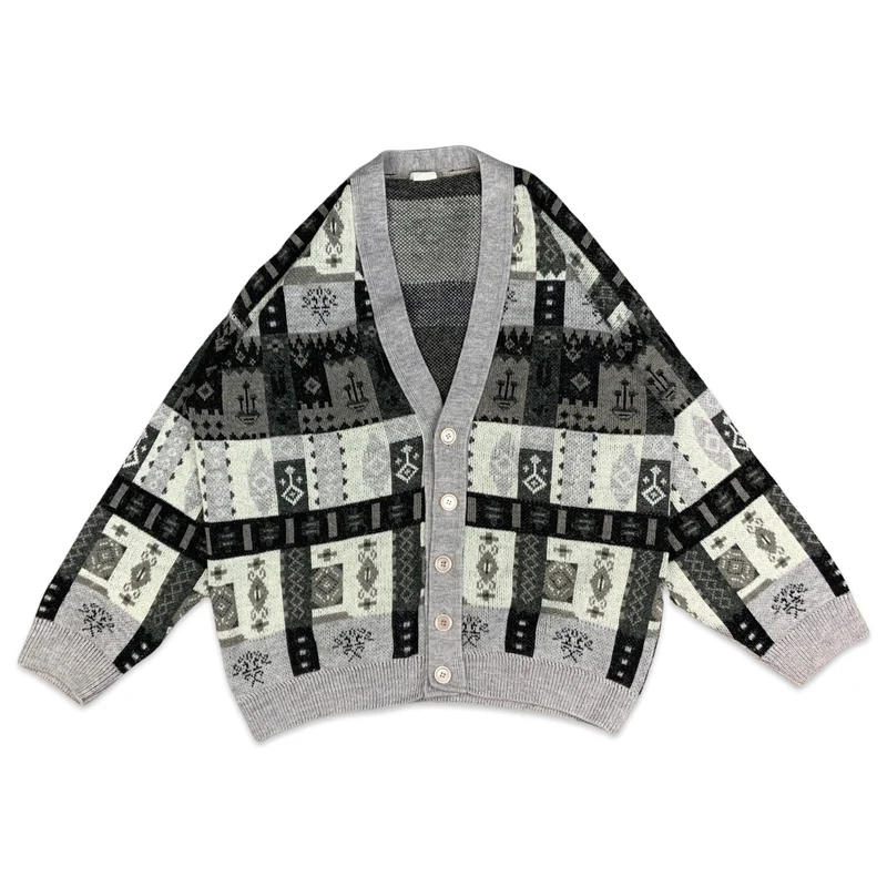 Vintage 80s Men's Grey Black & Brown Knit Cardigan M L