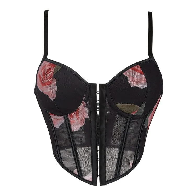 Gothic Rose Printed Mesh Korsett med snörning för kvinnor