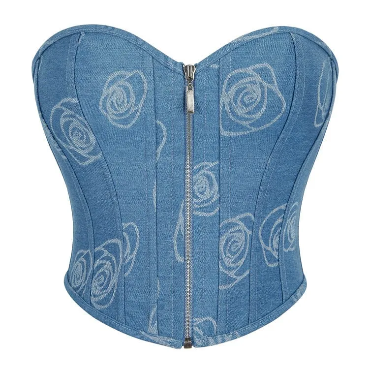 Dam Grunge Zipper Rose Denim Overbust Corset