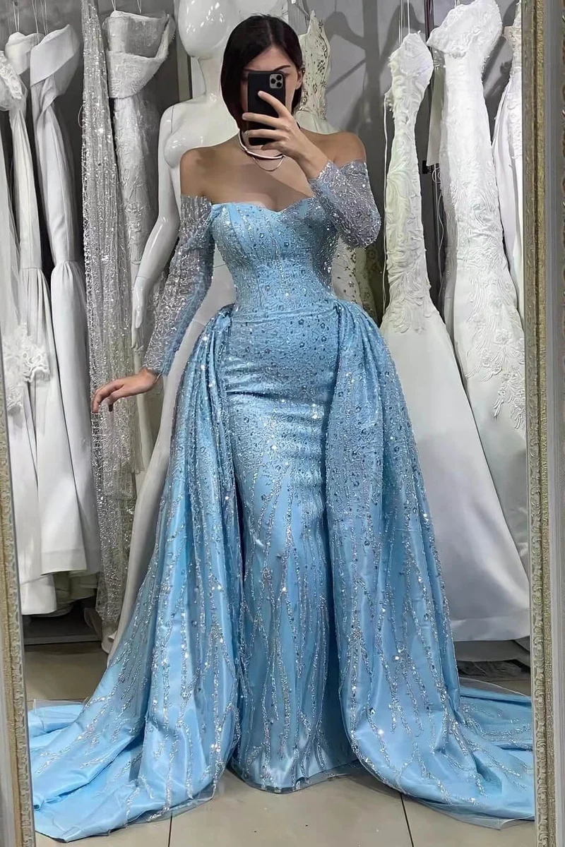 Elegant Blå Paljett Off-Shoulder Sweetheart Aftonklänning med Långa Volanger