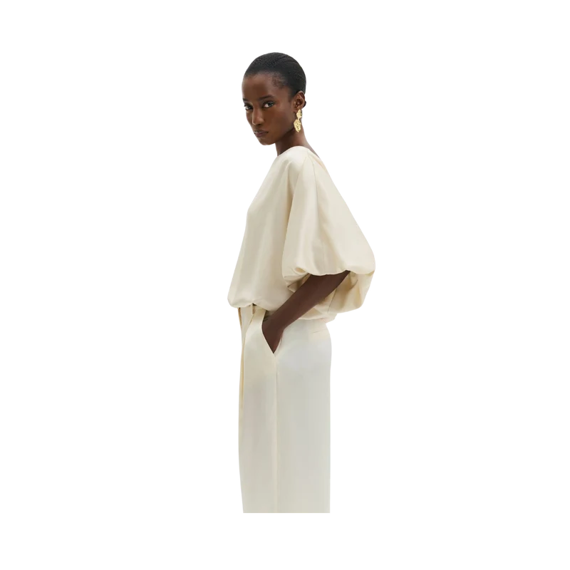 Havanna Boat-Neck Puff-Sleeve Blouse - Pearl