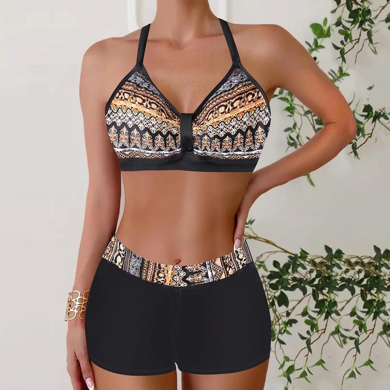 Janelle - Rutig Halterneckbikini med Boyshorts