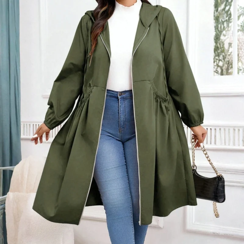 Avril - Avslappnad Plus Size Dragkedja Med Huva Långärmad Kappa