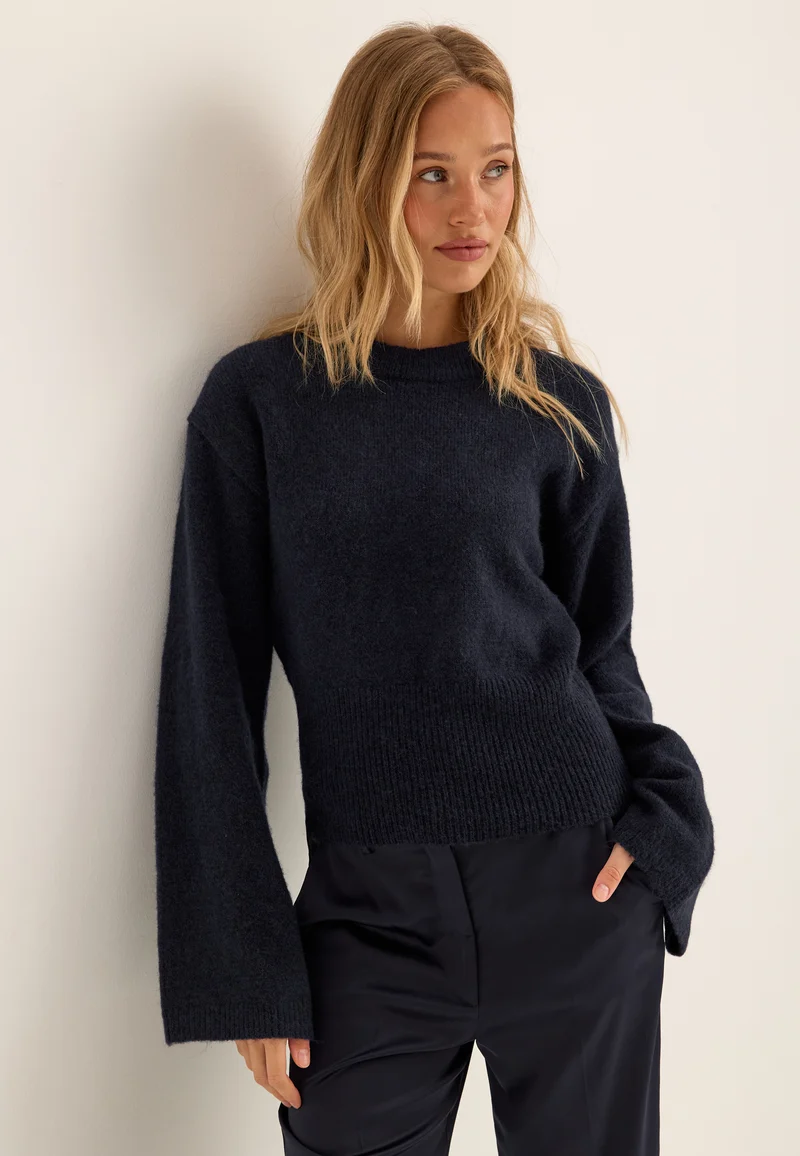 Knitted Wool Blend Wide Sleeve Sweater