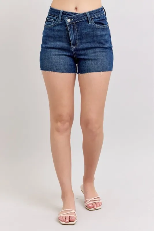 Judy Blå Full Size Hög Midja Korsband Jeansshorts Plus Size