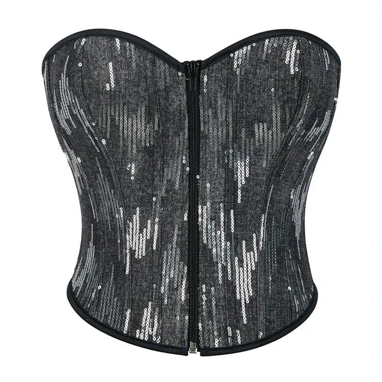 Gothic Sequin Zipper Overbust Korsett för kvinnor