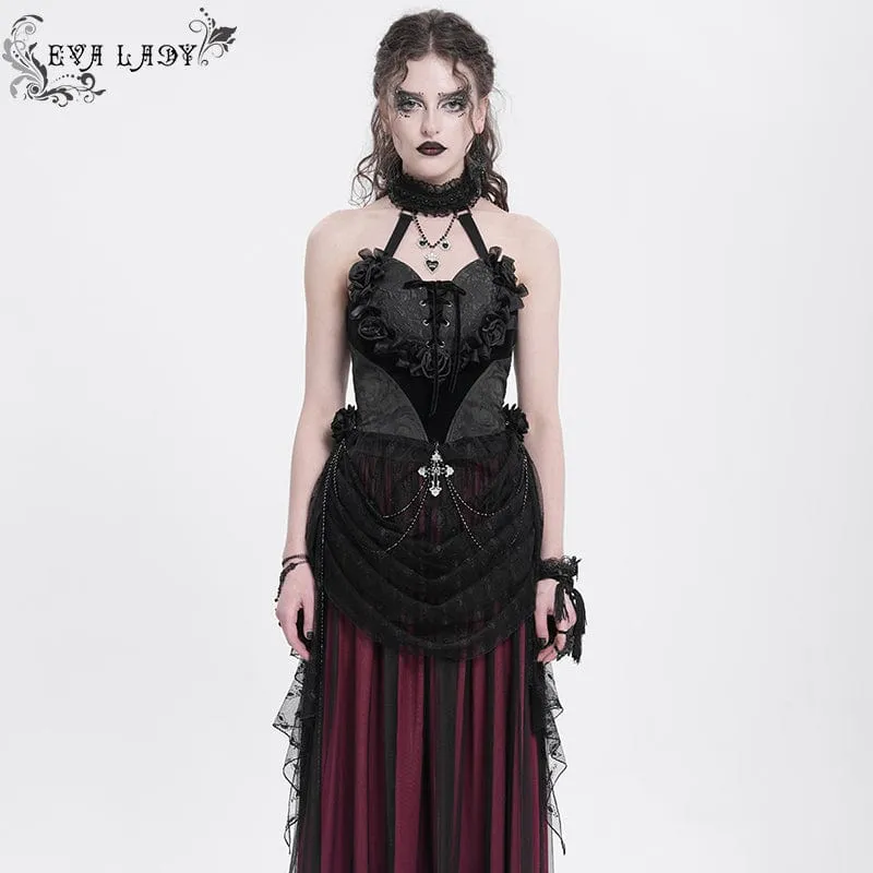 Gothic Rose Heart Spets Spets Halterneck Skjorta för kvinnor Svart