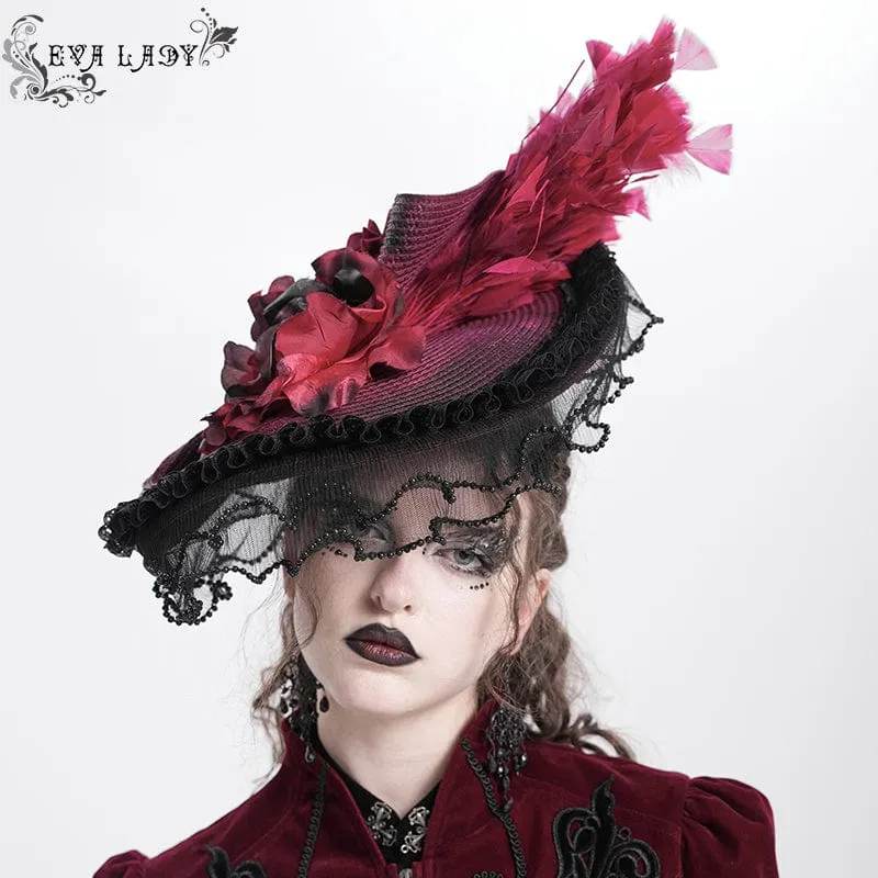 Gothic Rose Rufsig fjäderhatt för kvinnor Svartröd