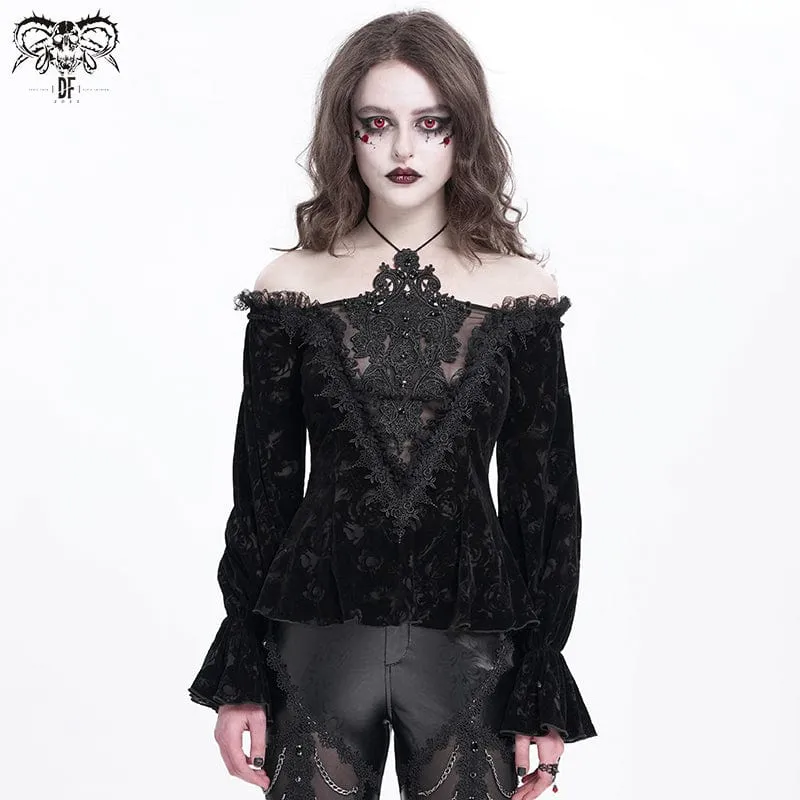 Gothic off-shoulder flockande sammetskjorta för kvinnor
