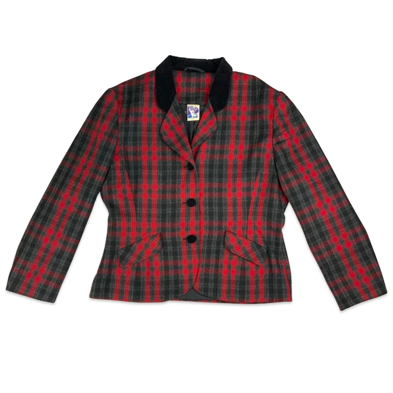 Vintage 80s 90s Yessica C&A Red & Black Checkered Wool Blazer Jacket 14-16
