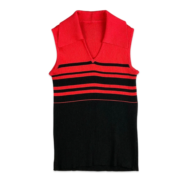 Vintage Red Black Stripe Knitted Sleeveless Top 10 12