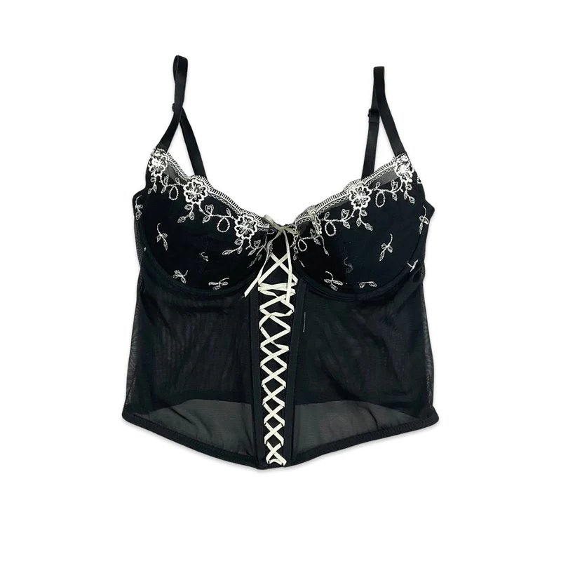 Vintage 90s Y2K Black Embroidered Floral Corset Top 4 6