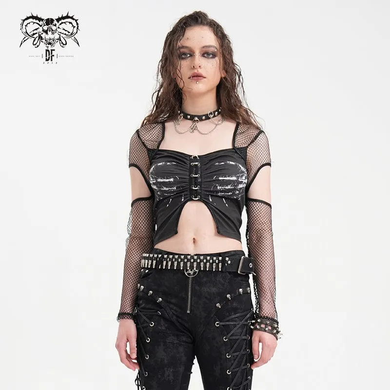 Punk-utskuren Mesh Långärmad Crop Top för kvinnor