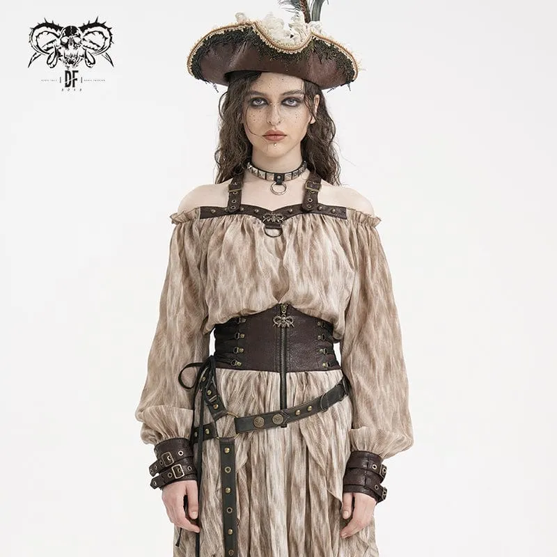 Kvinnors Steampunk Spänne Halter Långärmad Blusar Kaffe