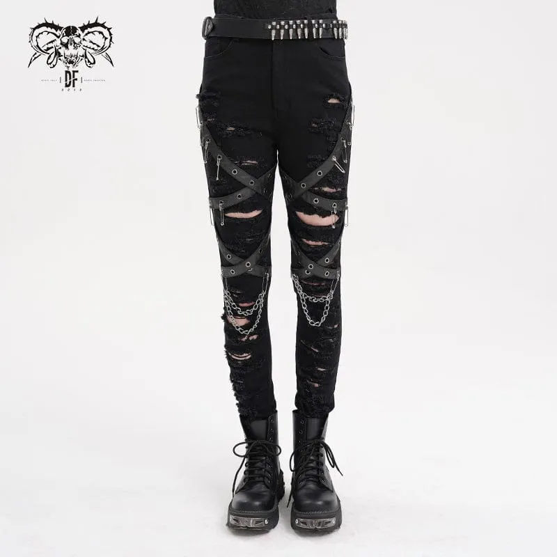Kvinnors Punk Ripped Eyelets Chains Byxor