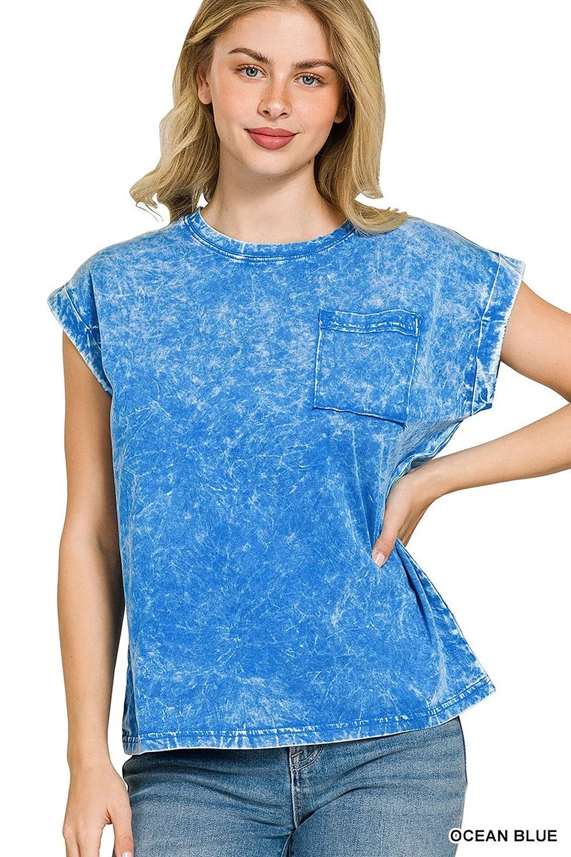 Plus Size Skrynktvättad T-shirt Med Ficka, Mjuk Bomull, Avslappnad Passform, Vintagelook