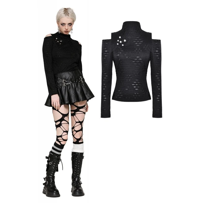 Kvinnors Punk Ripped Eyelets Långärmad blus