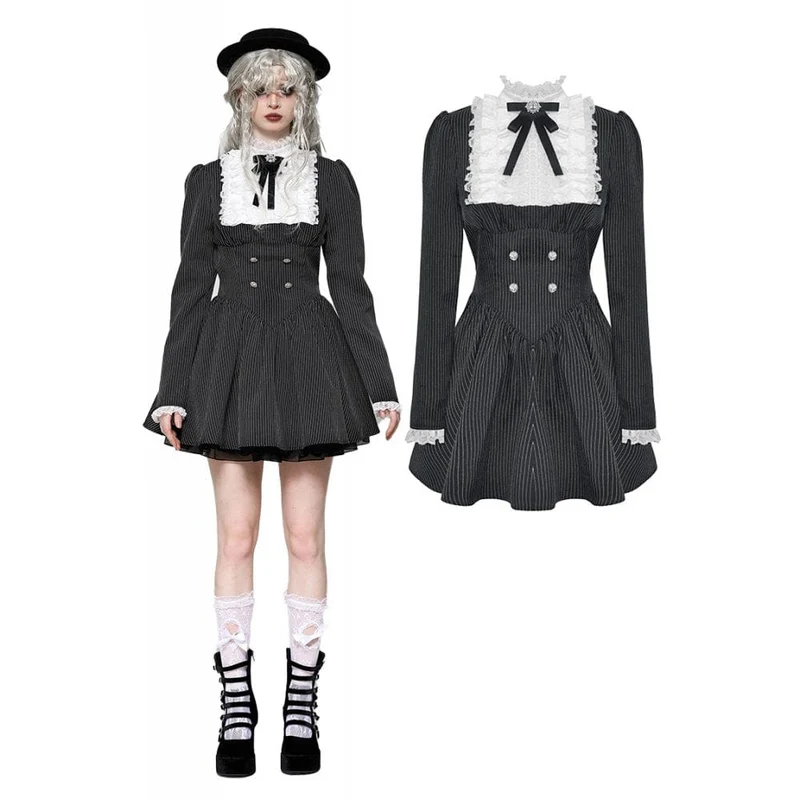 Dam Gothic Lolita Volangklänning i Spets Kort Klänning för Examensarbete Svart Vit