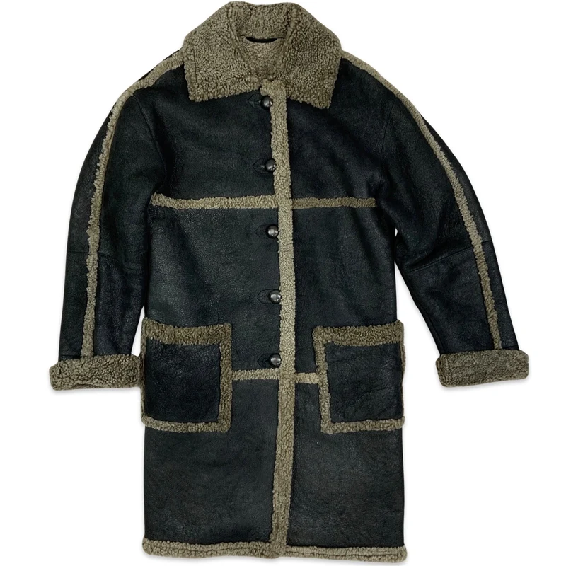 Vintage 90s Shearling Coat Black Brown Cream Sheepskin Trim 12 14
