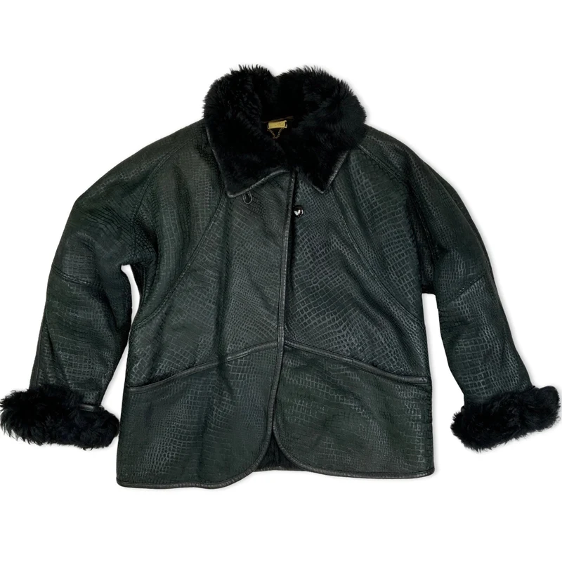Vintage 80s Faux Crocodile Snakeskin Shearling Coat Dark Green Black L 16