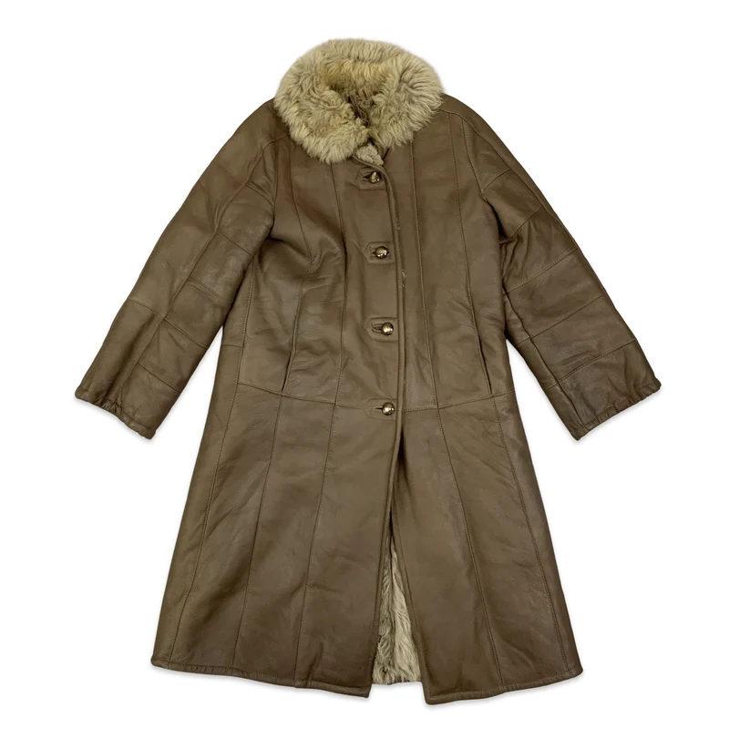 Vintage Brown and Cream Shearling Midi Coat Sheepskin Suede Jacket S 10