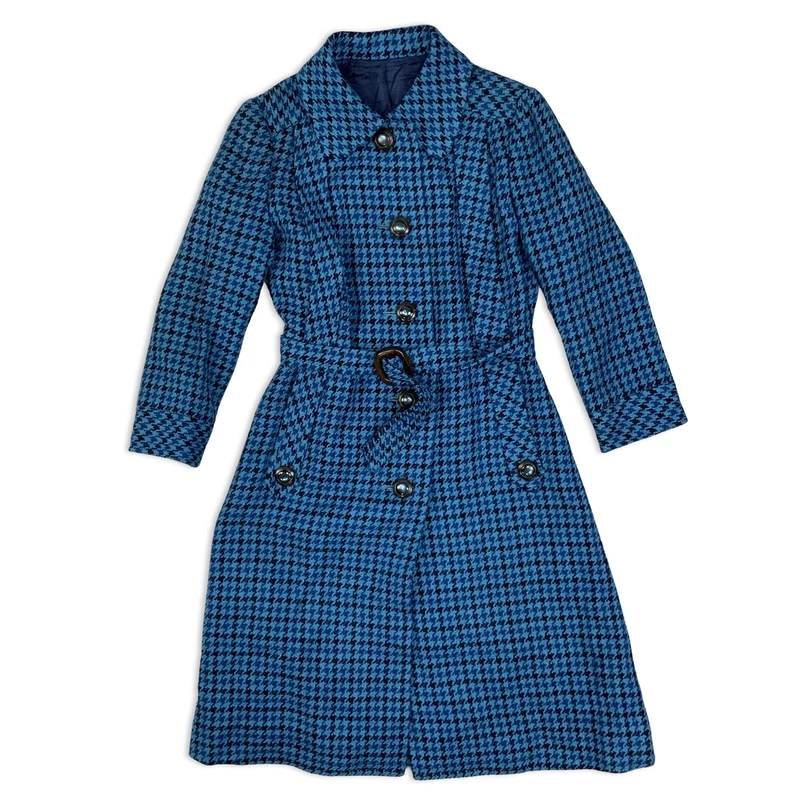 Vintage 60s 70s Blue Houndstooth Wool Midi Coat Belted 8