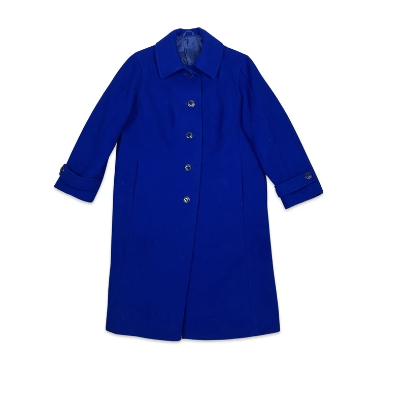 Vintage 80s Womens Wool Longline Duster Coat Royal Blue L 16
